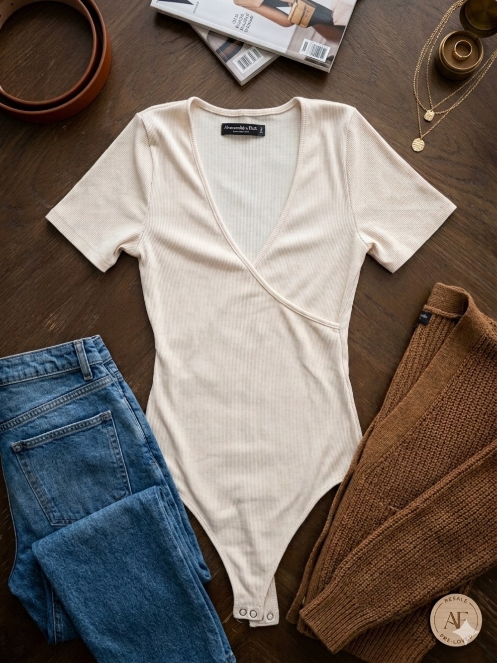 Abercrombie & Fitch Cream Ribbed Wrap-Front Bodysuit Bodycon
